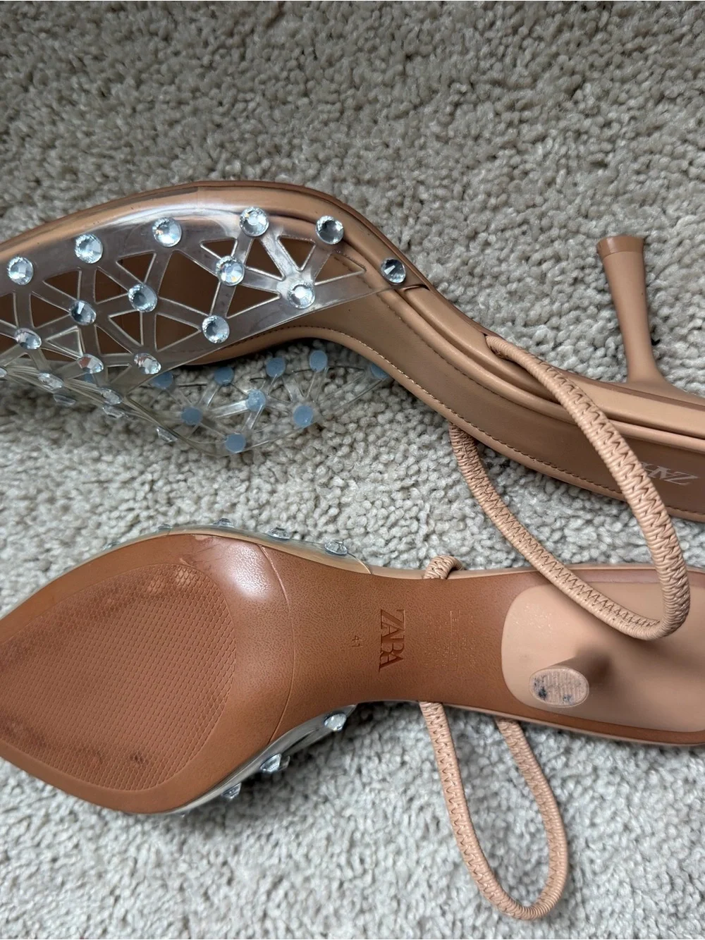 ZARA RHINESTONE HEELED SLINGBACKS BEIGE
